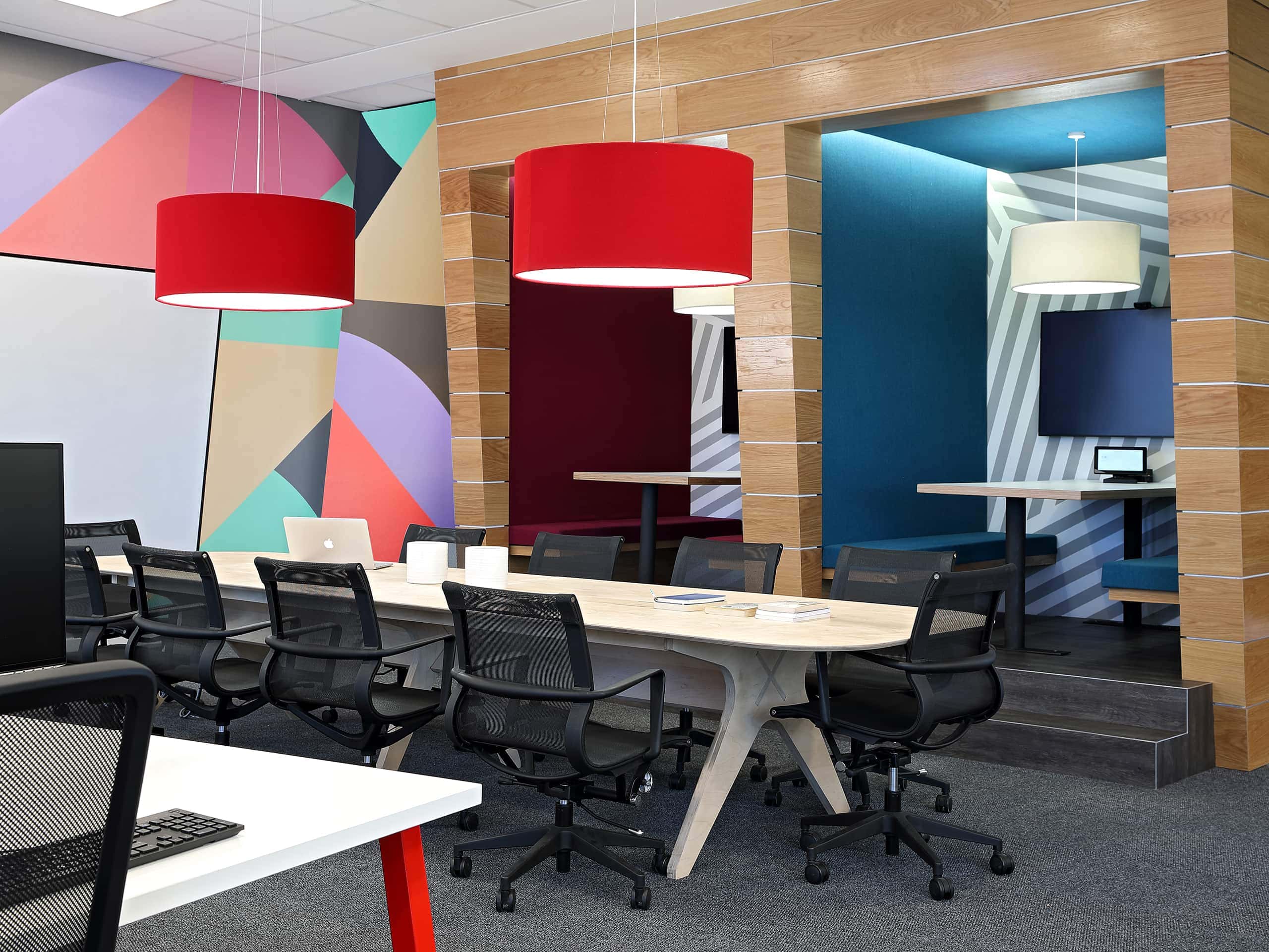 Colouful, geometric-patterned boardroom. Elsa Young Photography. Colouful, geometric-patterned boardroom. Elsa Young Photography.