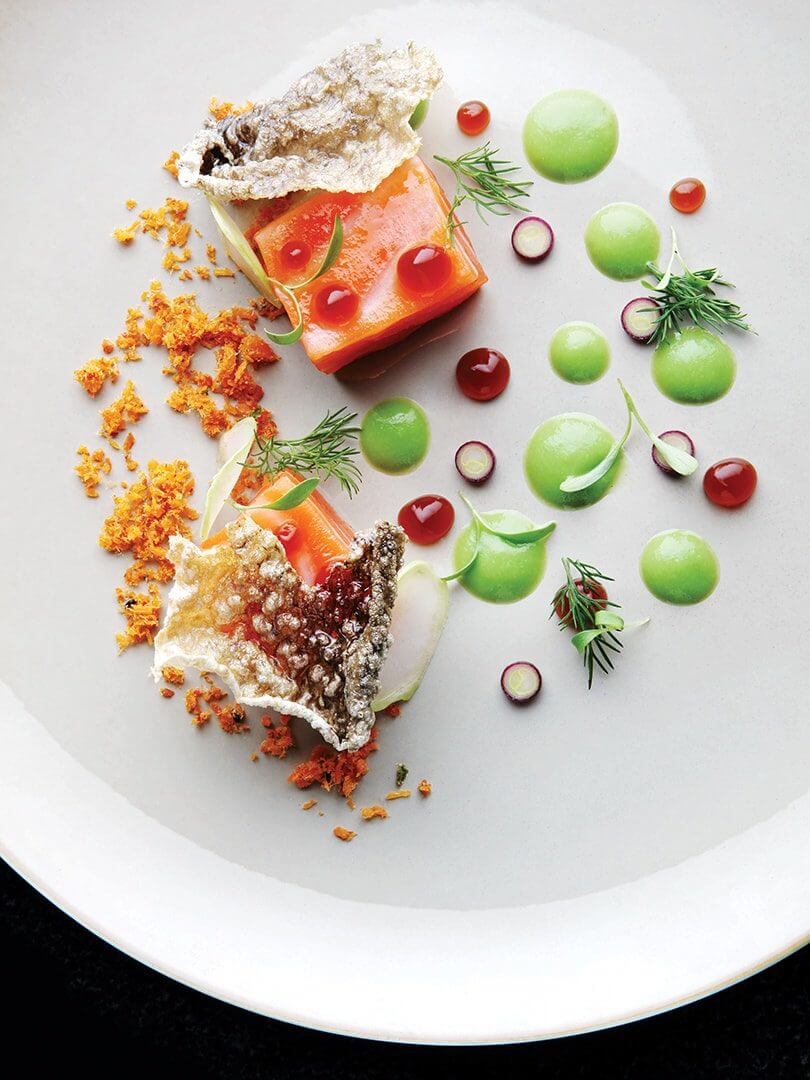 A playful plate of salmon and wild mushrooms at The Four Seasons. Elsa Young Photography. A playful plate of cured salmon at The Four Seasons. Elsa Young Photography.