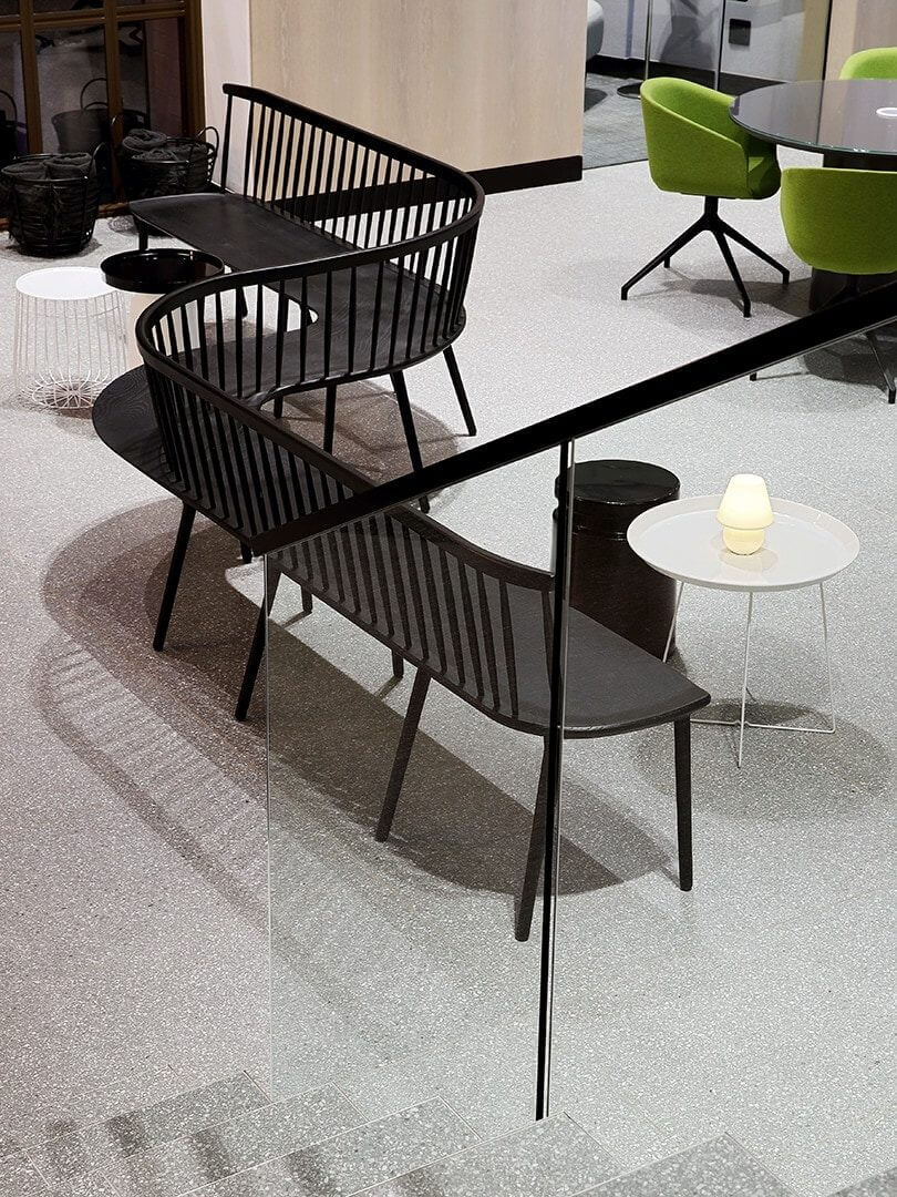 Lovely lightning-bolt shaped bench in a commercial office space. Photo by Elsa Young. Lovely lightning-bolt shaped bench in a commercial office space. Photo by Elsa Young.