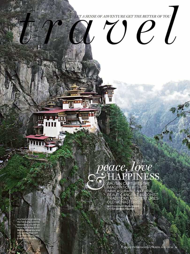 Magazine cover showing a Bhutanese monastery clinging to a sheer cliff face. Photo by Elsa Young. Magazine cover showing a Bhutanese monastery clinging to a sheer cliff face. Photo by Elsa Young.