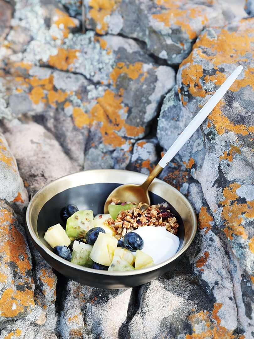 A healthy breakfast of granola, fresh fruit and yoghurt in the African bush. Photograph by Elsa Young. A healthy breakfast of granola, fresh fruit and yoghurt in the African bush. Photograph by Elsa Young.