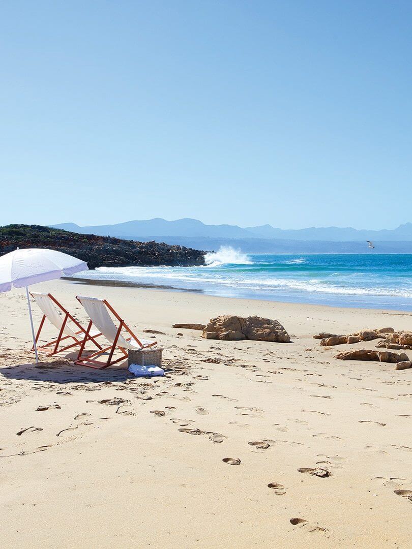 Deck chairs, picnic basket and umbrella on the beach with a seagull and crashing waves. Deck chairs, picnic basket and umbrella on the beach with a seagull and crashing waves.