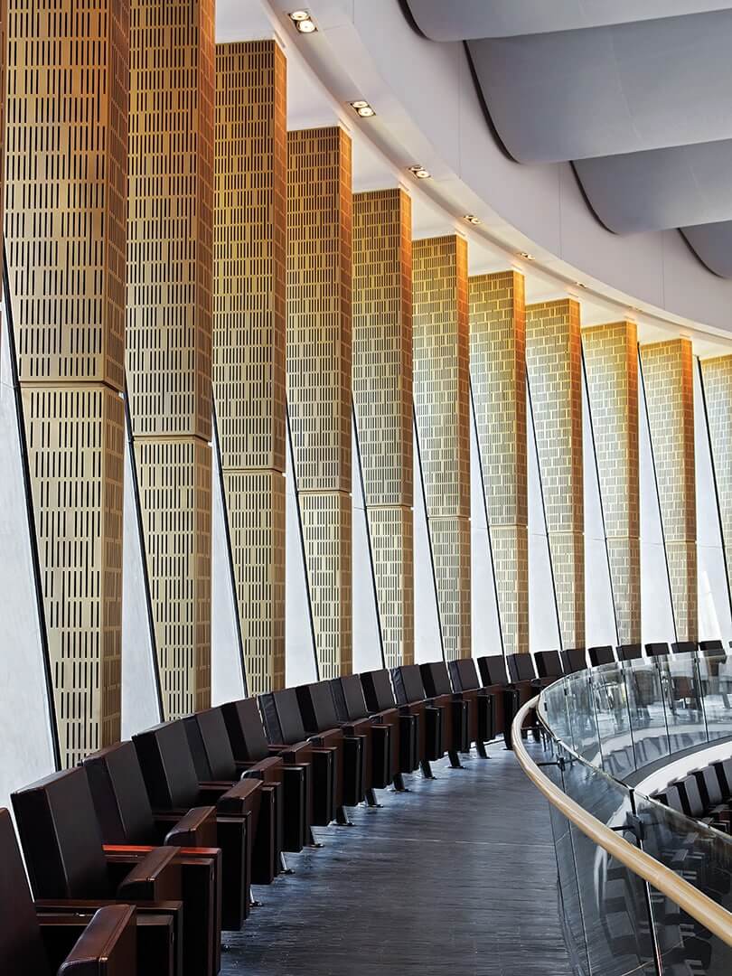 Parliament viewing area with contemporary brick columns. Photo by Elsa Young. Parliament viewing area with contemporary brick columns. Photo by Elsa Young.