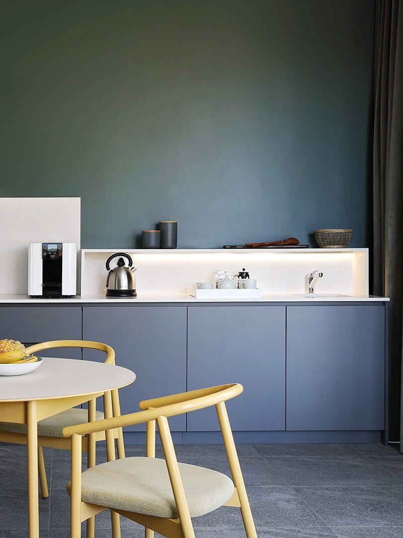 In-room kitchenette at Home Suite Hotel. Photograph by Elsa Young. In-room kitchenette at Home Suite Hotel. Photograph by Elsa Young.